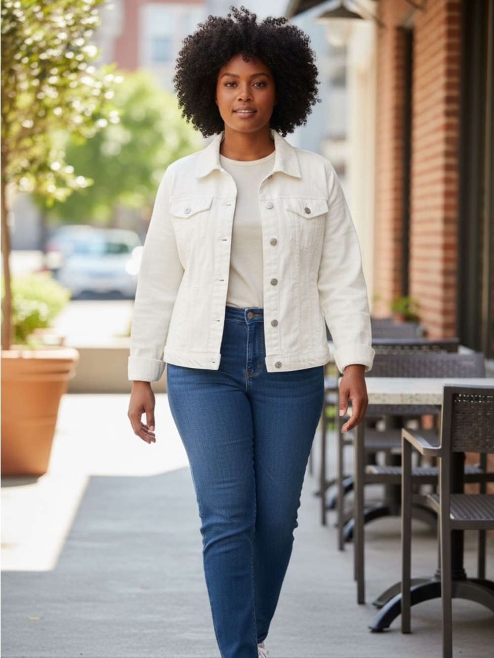 DRESS BARN White Denim Collared Long Sleeve Button Down Jacket